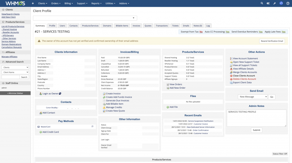 Whmcs client profile management screenshot conor bradley digital agency