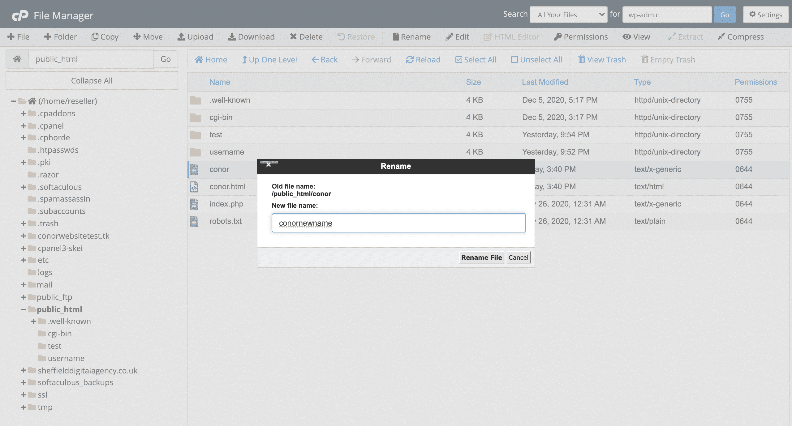 Renaming files in cpanel file manager screenshot conor bradley digital agency