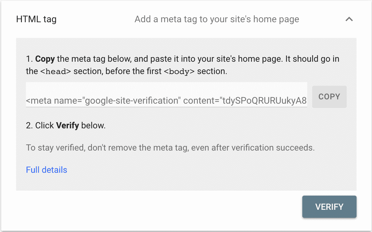 Screenshot of html tag verification in google search console conor bradley digital agency