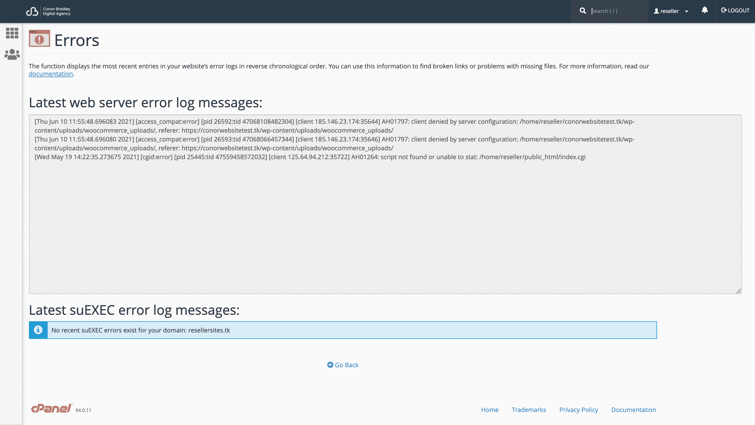 How to view the error log in cPanel screenshot conor bradley digital agency