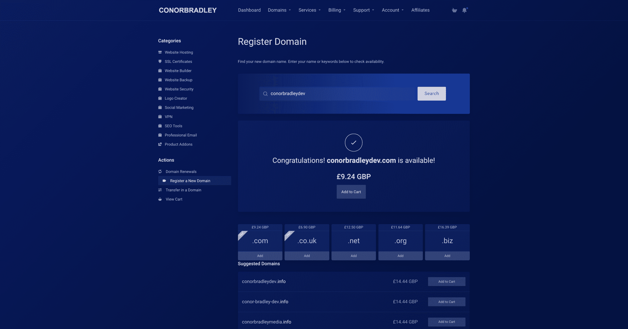 searching for a domain name to register then pressing add to cart conor bradley digital agency