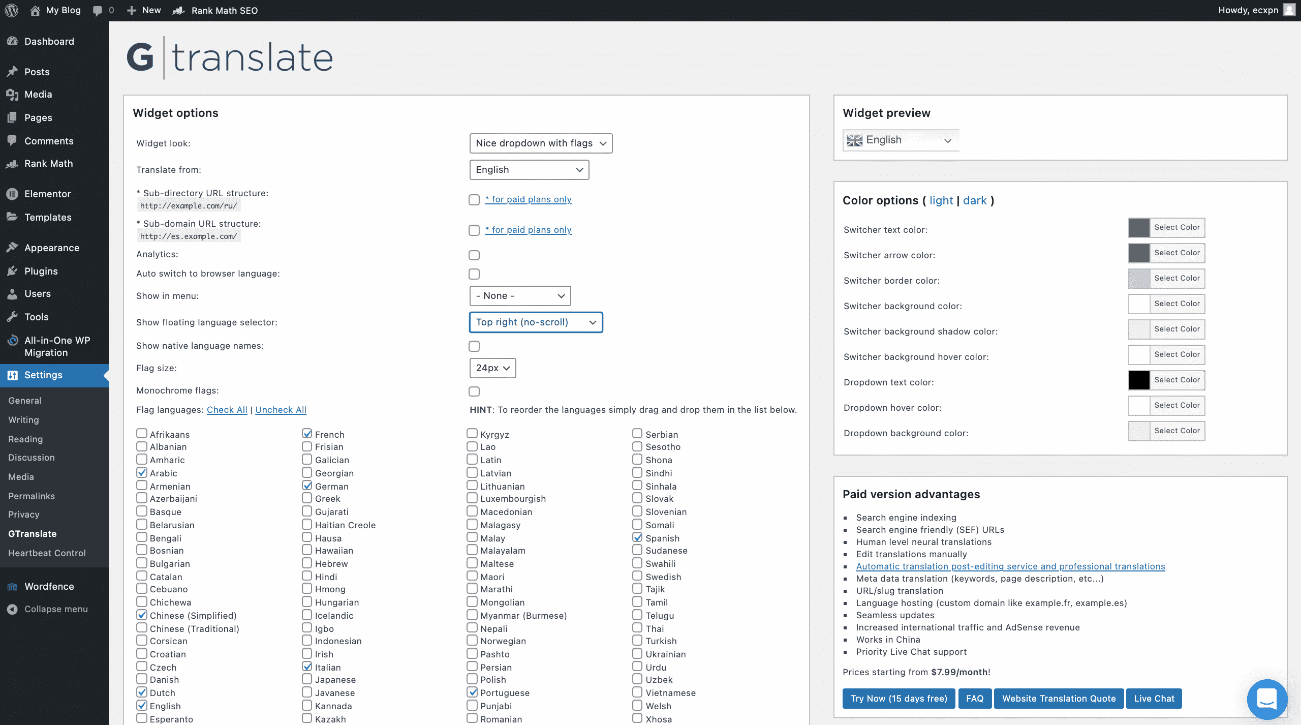setting up GTranslate plugin in wordpress conor bradley digital agency