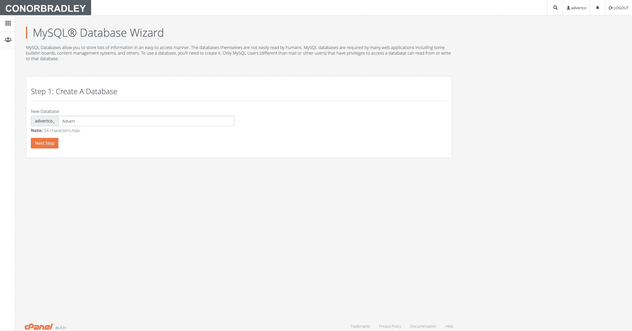 typing in a creating a database name in MySQL Database Wizard Conor Bradley Digital Agency